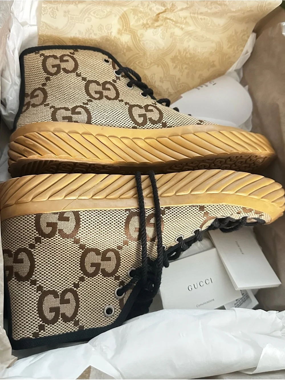 Gucci Brown Beige Tan Maxi GG Canvas High-Top Sneakers